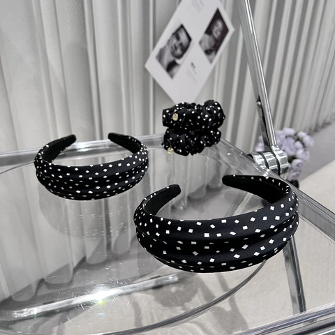 Retro Black White Square Polka Dot Wide Padded Headband And Scrunchie Set For Women High Top Sweet Fabric Hair Accessories