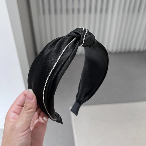Cerchietto Annodato in Raso Nero Stile Coreano per Donna Con Strass Scintillanti Accessori per Capelli Moda Semplici e Versatili