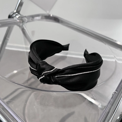 Cerchietto Annodato in Raso Nero Stile Coreano per Donna Con Strass Scintillanti Accessori per Capelli Moda Semplici e Versatili
