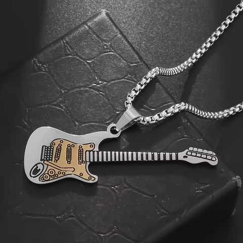 Trendy Unisex Electric Guitar Pendant Necklace Stainless Steel Rock Music Style Two-Tone Gold Silver Box Chain Jewelry Gift