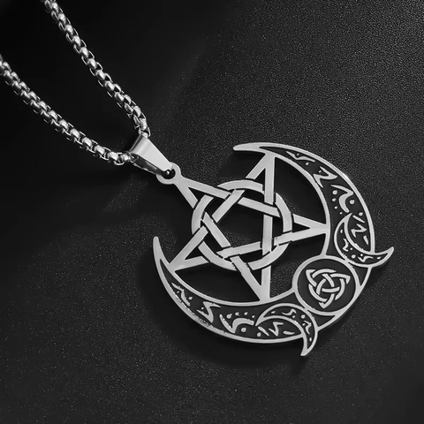 Edelstahl Sichelmond Pentagramm Anhänger Halskette Für Herren Damen Gothic Keltischer Knoten Box-Kette Mystischer Schmuck