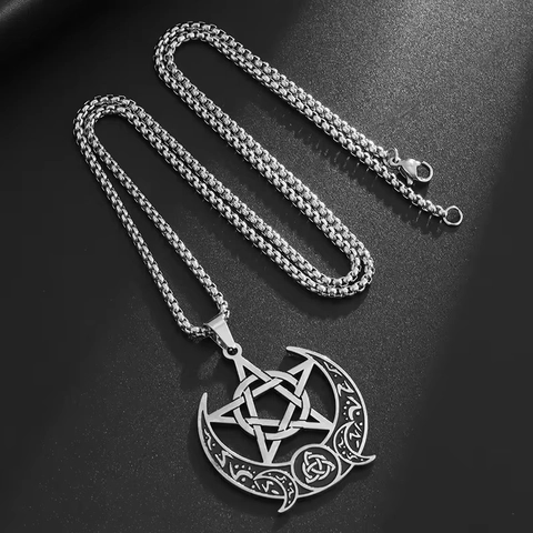 Edelstahl Sichelmond Pentagramm Anhänger Halskette Für Herren Damen Gothic Keltischer Knoten Box-Kette Mystischer Schmuck