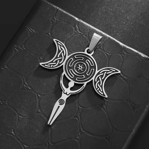 Triple Moon Hecate's Wheel Pendant Necklace Stainless Steel Wicca Celtic Knot Goddess Strophalos Jewelry For Men Women