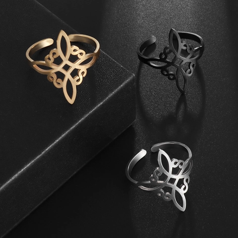 Stainless Steel Hollow Witch Knot Open Ring For Women Men Celtic Knot Adjustable Geometric Band Ring Electroplated Jewelry