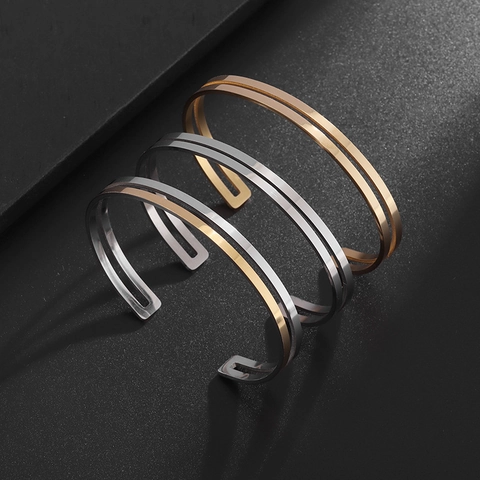Pulsera de Puño Minimalista de Acero Inoxidable de Doble Capa Hueca para Mujer Ajustable Bicolor Oro Plata Joyería
