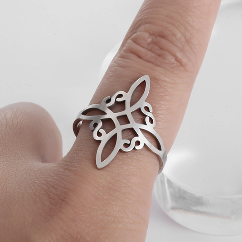 Stainless Steel Hollow Witch Knot Open Ring For Women Men Celtic Knot Adjustable Geometric Band Ring Electroplated Jewelry