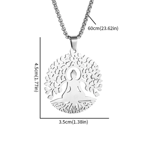 Stainless Steel Hollow Tree Of Life Buddha Pendant Necklace For Men Women Religious Meditation Jewelry Silver Tone Box Chain
