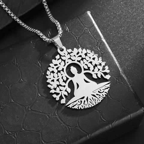 Stainless Steel Hollow Tree Of Life Buddha Pendant Necklace For Men Women Religious Meditation Jewelry Silver Tone Box Chain