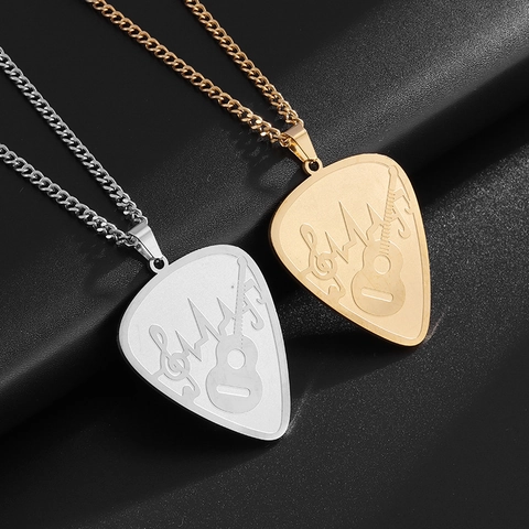 Stainless Steel Guitar Pick Pendant Necklace Music Theme Heartbeat Engraved Gold Silver Cuban Chain Jewelry For Men Women
