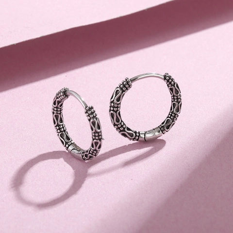 Vintage Copper Hoop Earrings With 925 Sterling Silver Earring Post Ethnic Embossed Design Oxidized Silver Jewelry For Women