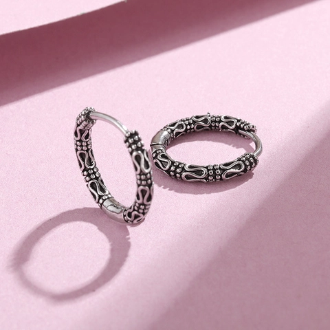 Vintage Copper Hoop Earrings With 925 Sterling Silver Earring Post Ethnic Embossed Design Oxidized Silver Jewelry For Women