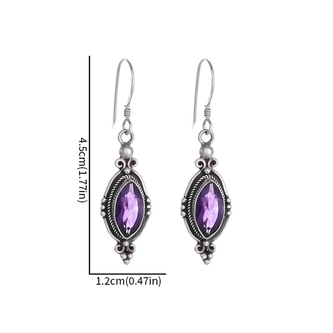 Bohemian Vintage Alloy Marquise Purple Gemstone Earrings With 925 Sterling Silver Earring Post For Women Ethnic Jewelry