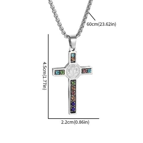 Stainless Steel Cross Necklace Rainbow Zirconia St Benedict Medal Religious Vintage Pendant Jewelry For Men Women Gift