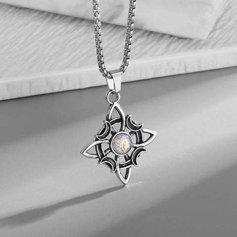 Vintage Witch's Knot Pendant Necklace For Women Men Retro Alloy Inlaid Moonstone Celestial Crescent Moon Star Jewelry