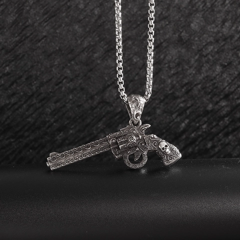 Retro Alloy Revolver Pistol Pendant Necklace For Men Women Punk Gothic Skull Engraved Box Chain Skeleton Gun Jewelry Gift