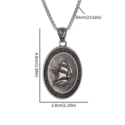 Vintage Alloy Pirate Ship Relief Oval Plate Pendant Necklace Nautical Sailing Galleon Box Chain Jewelry For Men Women