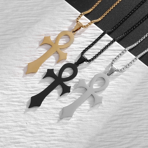 Vintage Ankh Cross Pendant Necklace For Men Women Stainless Steel Box Chain Gold Silver Black Gothic Egyptian Religious Jewelry