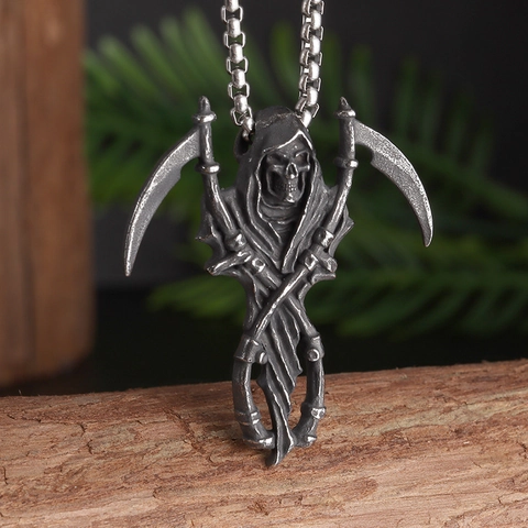 Collar de Colgante de Guadaña de la Muerte Gótica Aleación Plata Antigua Calavera Personalizada Joyería Punk Rock Hombre Regalo Halloween