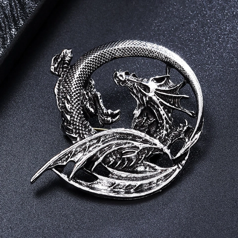 Vintage Alloy Dragon Brooch For Men Women Antique Silver Plated Animal Shape Breastpin Retro Suit Lapel Pin Fashion Jewelry