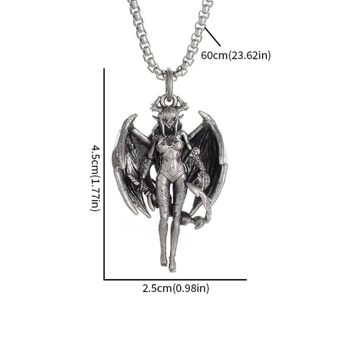 Gothic Succubus Demon Girl Wing Pendant Necklace Retro Silver Alloy Metal Box Chain For Women Men Punk Hip Hop Jewelry Gift