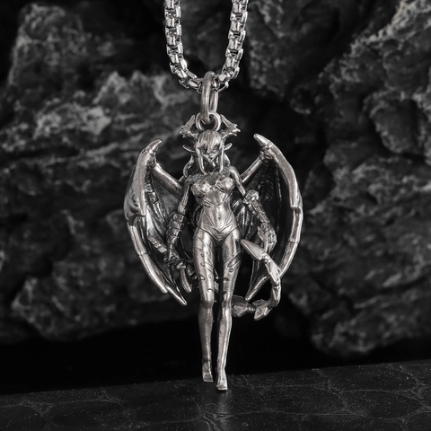 Gothic Succubus Demon Girl Wing Pendant Necklace Retro Silver Alloy Metal Box Chain For Women Men Punk Hip Hop Jewelry Gift
