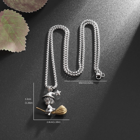 Collier Pendentif Sorcière Gothique Vintage Sur Balai Magique Pour Femmes Hommes Bijoux De Fête Halloween Alliage Bicolore