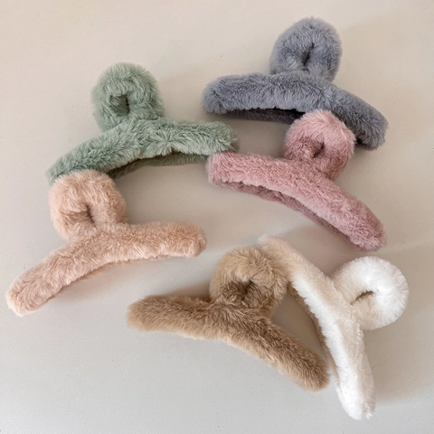 Pinza per Capelli in Peluche Autunno Inverno Pelo Sintetico Clip a Squalo Grande Tinta Unita Accessori per Capelli Donna