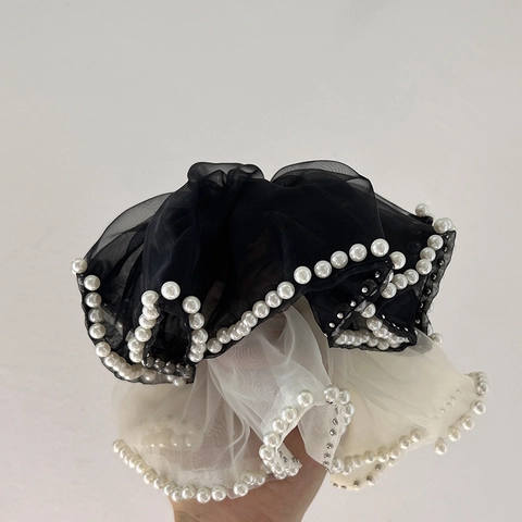 Elegante Elastico Per Capelli Grande In Organza Con Bordatura In Perle Artificiali Stile Francese Oversize Accessori Per Capelli Vintage