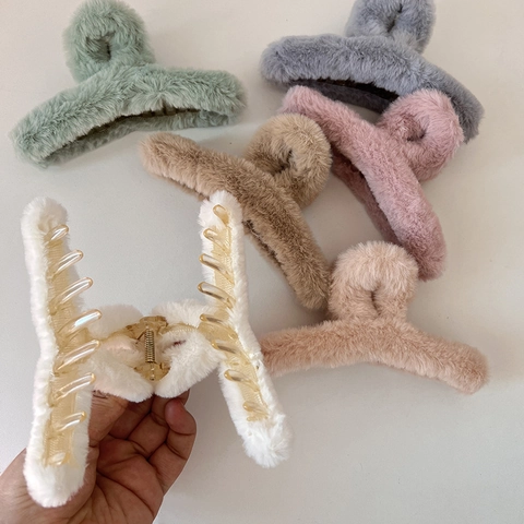 Pinza per Capelli in Peluche Autunno Inverno Pelo Sintetico Clip a Squalo Grande Tinta Unita Accessori per Capelli Donna