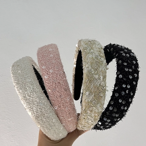 Französisch Tweed Pailletten Gepolstert Haarreif Für Damen Breiter Rand High Top Glitzer Fashion Haarschmuck Alltag Party Haarband