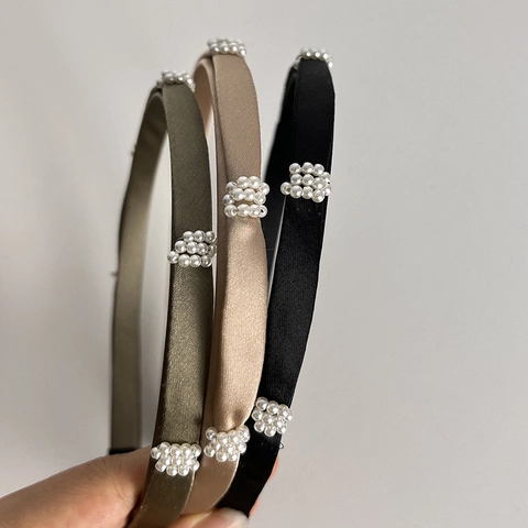 Cerchietto Stretto in Raso Stile Francese per Donna Semplice Elegante Cerchietto con Perle Artificiali Accessorio per Capelli