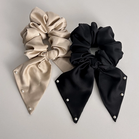 Scrunchie a Fiocco in Tessuto di Raso Francese Con Perla Artificiale Elegante Fermacoda per Capelli da Donna Vintage