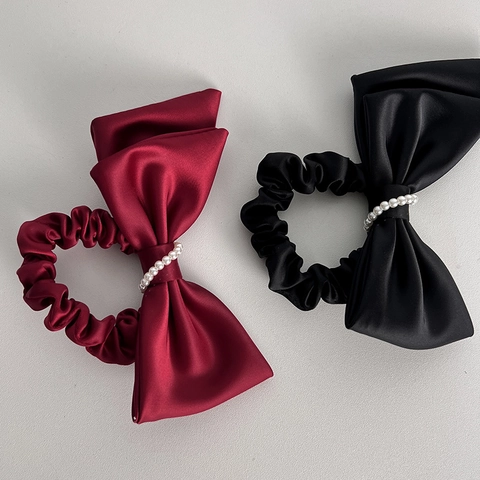 Elastico per Capelli in Raso con Grande Fiocco Stile Francese e Perle Artificiali Elegante Porta Coda di Cavallo Vintage