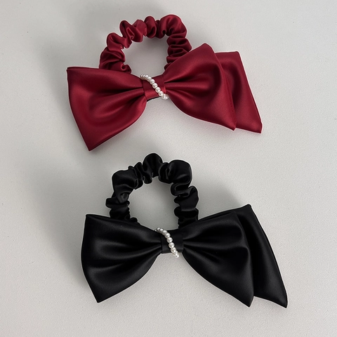 Elastico per Capelli in Raso con Grande Fiocco Stile Francese e Perle Artificiali Elegante Porta Coda di Cavallo Vintage