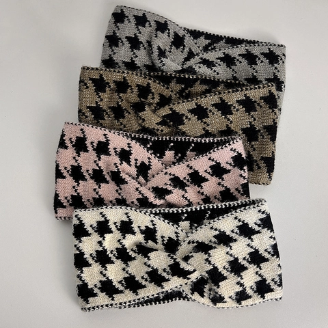 Vintage Houndstooth Knitted Headband For Women Winter Warm Twist Knot Hair Band Retro French Style Knitting Woolen Yarn Headwear