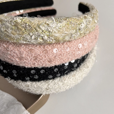 Serre-tête Élégant en Tweed à Paillettes Style Français Design Rembourré pour Femmes Accessoires de Cheveux Vintage Brillants