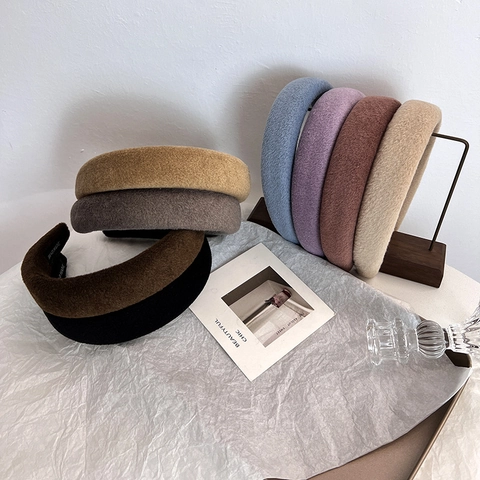 Vintage Padded Sponge Headband For Women Thick Fleece Fabric Hair Hoop High Top Solid Color Fashion Hair Accessories