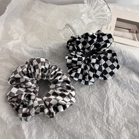 Coleteros de Terciopelo a Cuadros Elásticos Grandes Plaid Estilo Coreano Otoño Invierno Accesorios para el Cabello Mujer