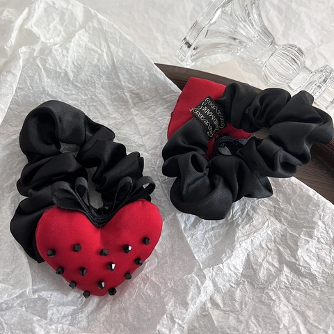 Elastico per Capelli in Raso Nero Fatto a Mano con Grande Cuore Rosso Decorazione Strass Stile Coreano Accessori per Donna