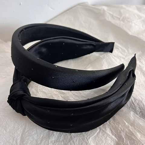 Cerchietto per Capelli Donna Elegante in Tessuto Nero Semplice Fascia Imbottita Larga Nodo Intrecciato Strass Consistenza Satinata Accessori Capelli