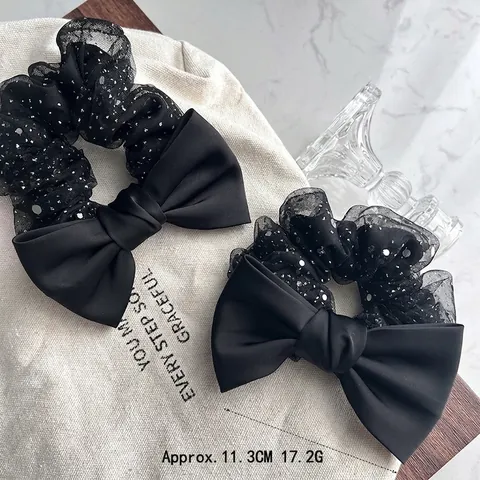 Elegante Zwarte Grote Strik Gaas Scrunchie Met Zilveren Pailletten Handgemaakt Satijn Haarelastiek Koreaanse Stijl Voor Dames