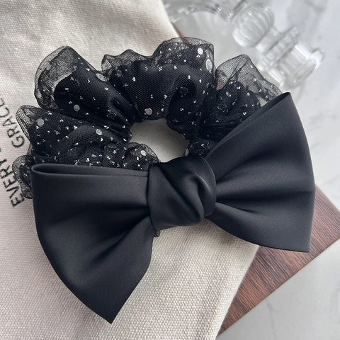 Elegante Zwarte Grote Strik Gaas Scrunchie Met Zilveren Pailletten Handgemaakt Satijn Haarelastiek Koreaanse Stijl Voor Dames