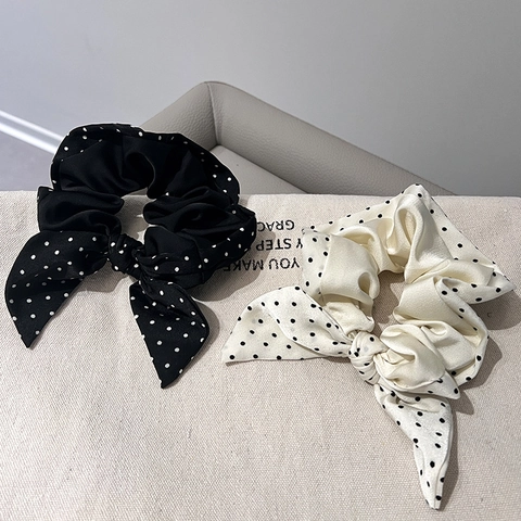 Scrunchies per Capelli in Satin con Fiocco a Pois Vintage Francese Eleganti Elastici per Capelli Grandi per Donna