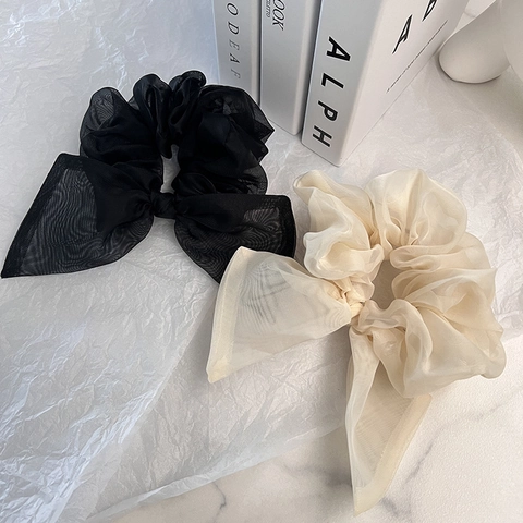 Zoete Elegante Stof Strik Scrunchie Koreaanse Stijl Organza Mesh Haarring Lang Lint Haarelastiekjes Haaraccessoires Voor Dames Dagelijks
