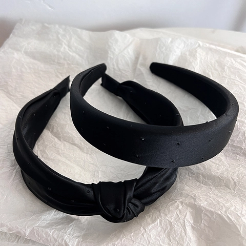 Cerchietto per Capelli Donna Elegante in Tessuto Nero Semplice Fascia Imbottita Larga Nodo Intrecciato Strass Consistenza Satinata Accessori Capelli