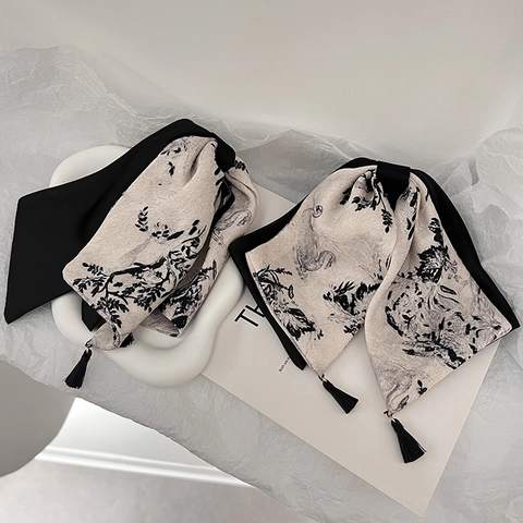 Pinza per Capelli Fiocco Pittura a Inchiostro Stile Cinese Con Nappina Raso Fatto a Mano Stampa Floreale Elegante Fermaglio Donna