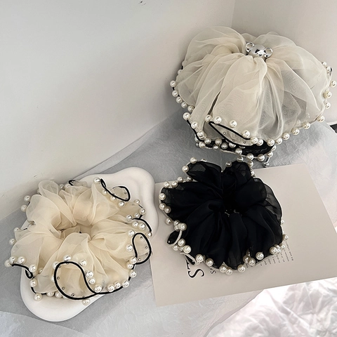 Eleganti Elastici Per Capelli In Organza Con Perle Artificiali Stile Francese In Tessuto Elastico Misure Grandi Piccole Accessori Moda Donna