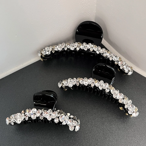 Elegant Black Resin Hair Claw Clips With Clear Rhinestones Vintage Geometric Shark Clips For Women Fashion Hair Accessories