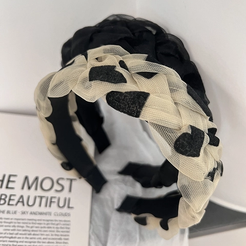 Women Mesh Braided Headband Wide Brim Heart Polka Dot Hair Band Korean Style Handmade Fabric Headwear Elegant Hair Accessories
