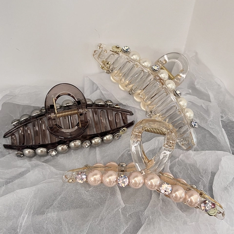 Pinza de Pelo Grande Con Perla Artificial Diamantes de Imitación Elegante Pinza de Acrílico para Mujer Accesorios para el Cabello